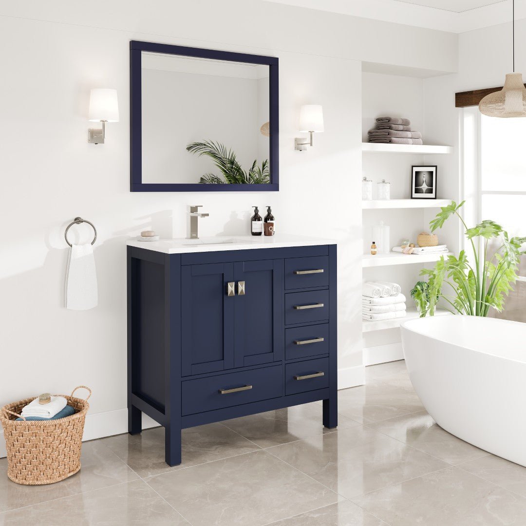 London 36 in. Blue Single Sink Bath Vanity with Carrara Quartz Top and Undermount Porcelain Sink - Bathroom Vanity by Eviva