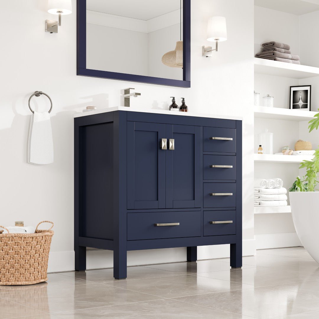 London 36 in. Blue Single Sink Bath Vanity with Carrara Quartz Top and Undermount Porcelain Sink - Bathroom Vanity by Eviva