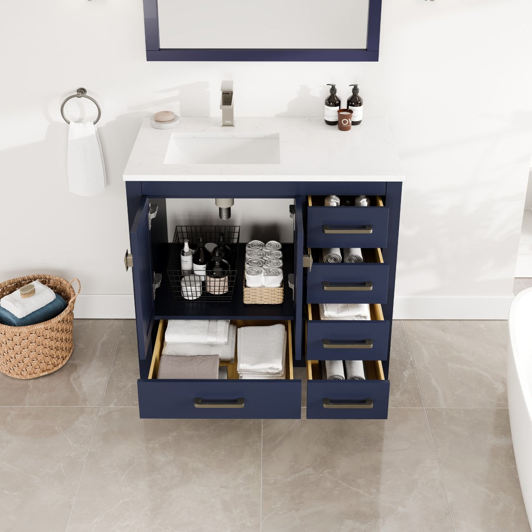 London 36 in. Blue Single Sink Bath Vanity with Carrara Quartz Top and Undermount Porcelain Sink