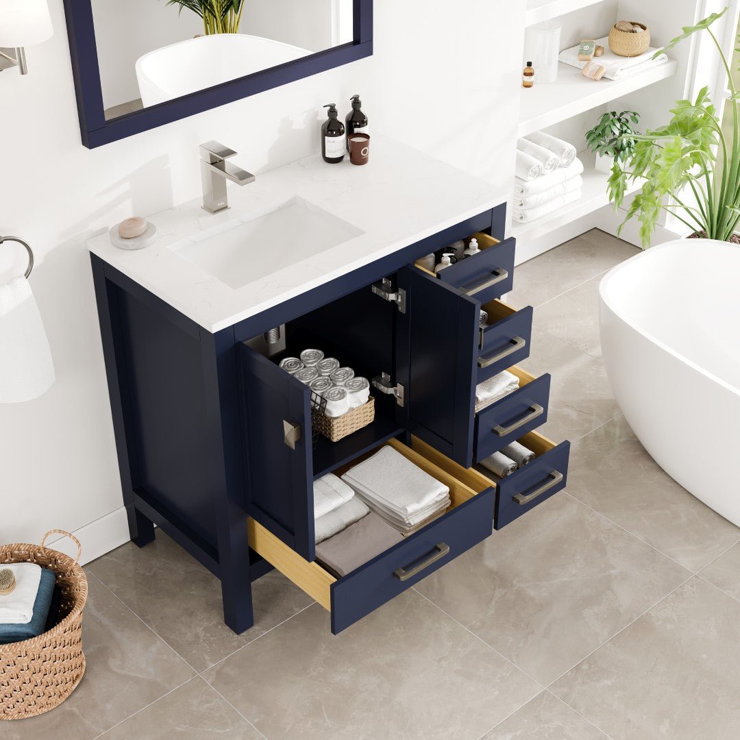 London 36 in. Blue Single Sink Bath Vanity with Carrara Quartz Top and Undermount Porcelain Sink - Bathroom Vanity by Eviva
