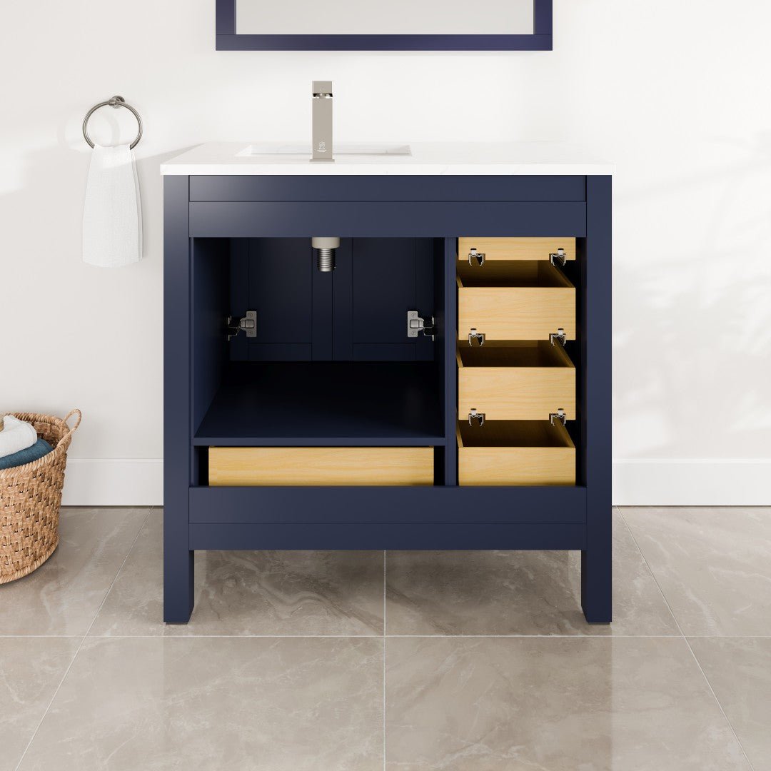 London 36 in. Blue Single Sink Bath Vanity with Carrara Quartz Top and Undermount Porcelain Sink - Bathroom Vanity by Eviva