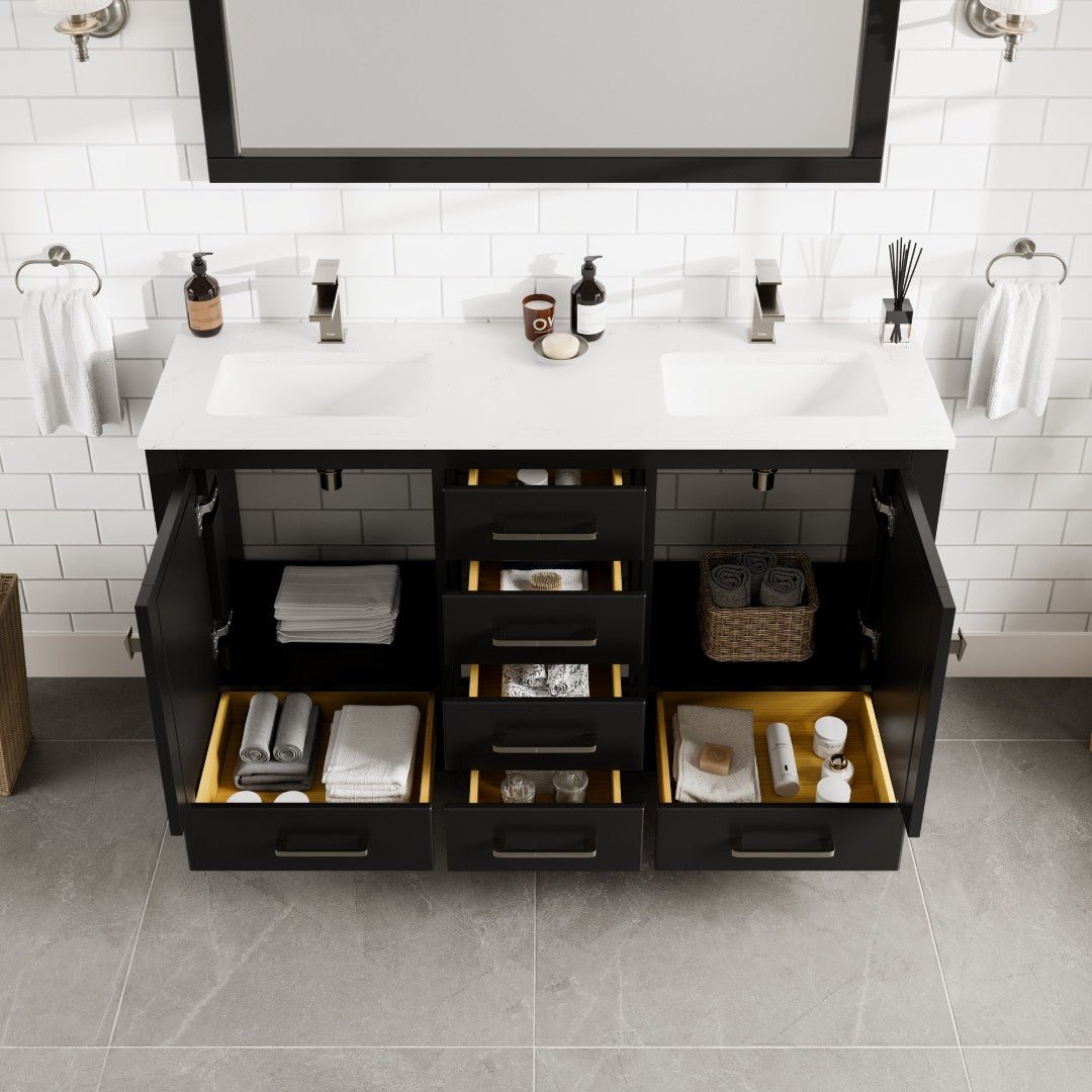 London 54 in. Espresso Double Sink Bath Vanity with Carrara Quartz Top and Undermount Porcelain Sinks - Bathroom Vanity by Eviva