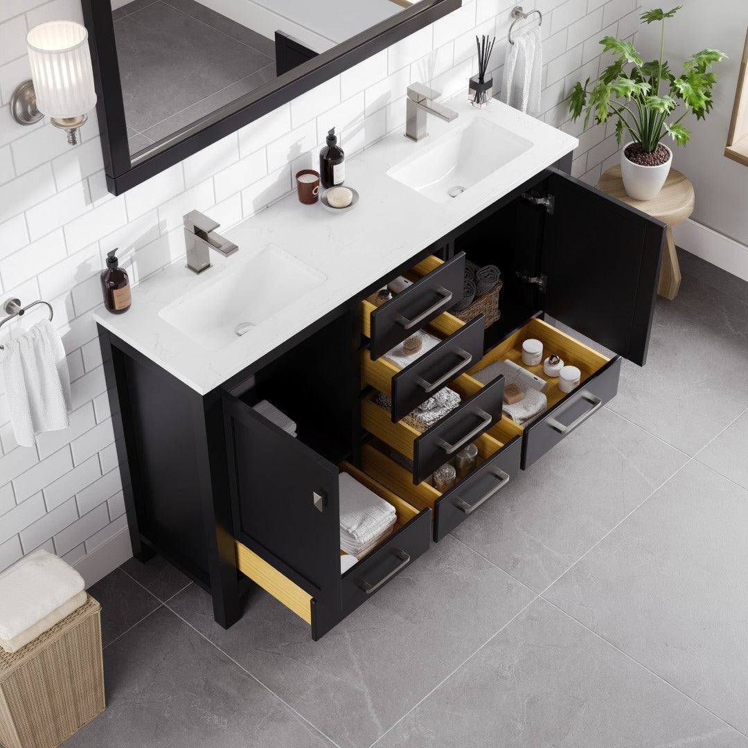 London 54 in. Espresso Double Sink Bath Vanity with Carrara Quartz Top and Undermount Porcelain Sinks