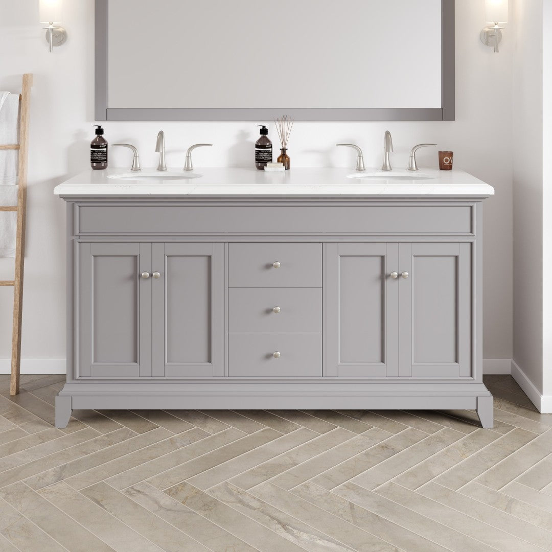 Elite Stamford 60 in. Gray Double Sink Bath Vanity with Carrara Quartz Top and Undermount Porcelain Sinks