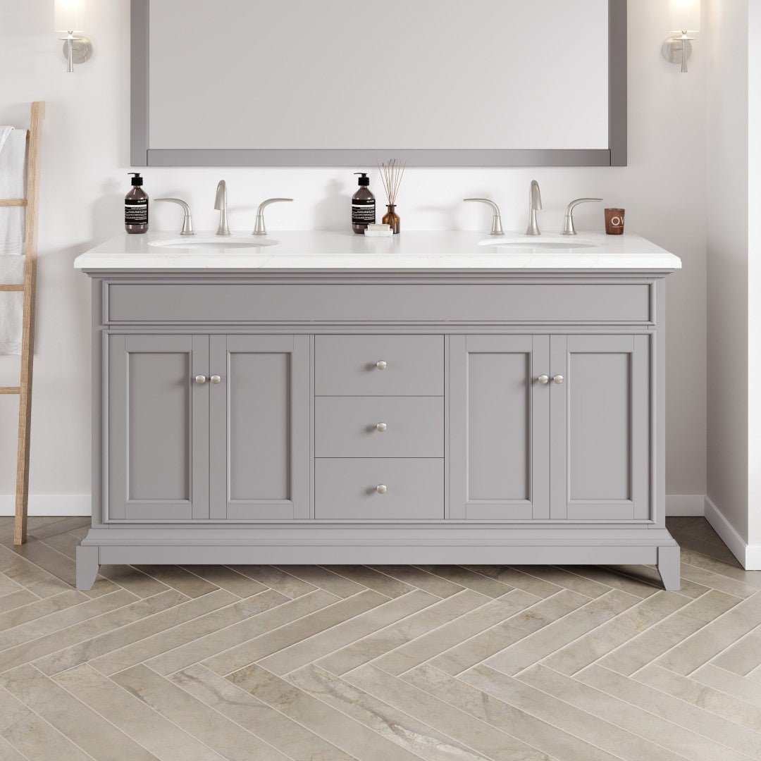 Elite Stamford 60 in. Gray Double Sink Bath Vanity with Carrara Quartz Top and Undermount Porcelain Sinks - Bathroom Vanity by Eviva