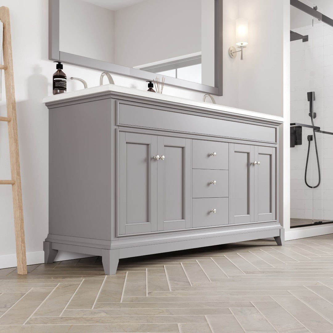 Elite Stamford 60 in. Gray Double Sink Bath Vanity with Carrara Quartz Top and Undermount Porcelain Sinks