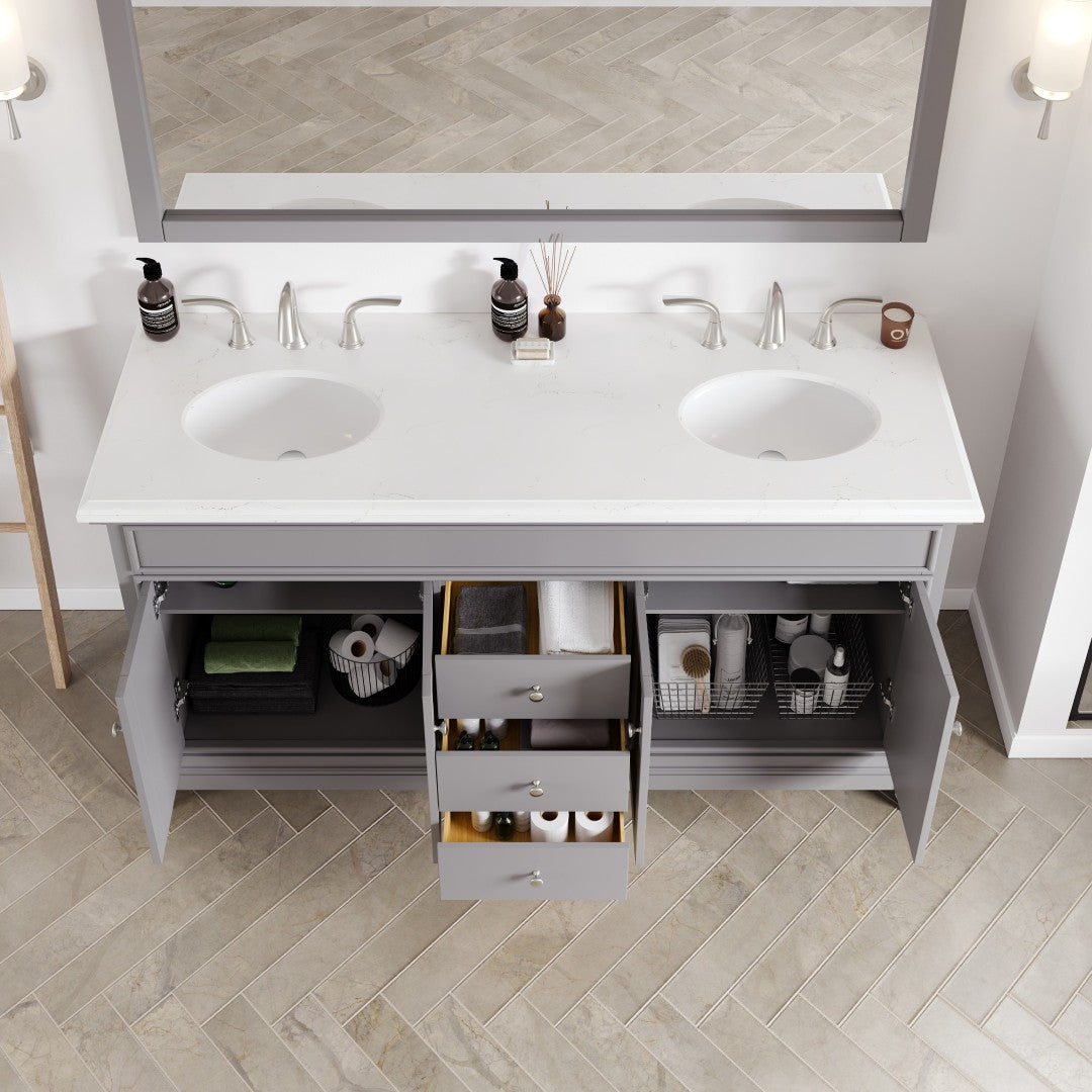 Elite Stamford 60 in. Gray Double Sink Bath Vanity with Carrara Quartz Top and Undermount Porcelain Sinks