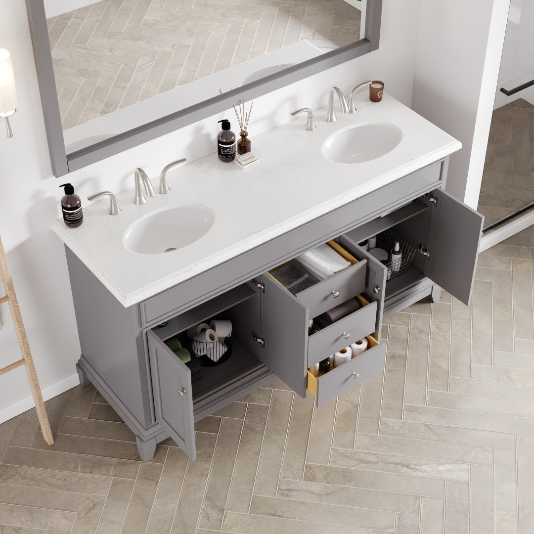 Elite Stamford 60 in. Gray Double Sink Bath Vanity with Carrara Quartz Top and Undermount Porcelain Sinks