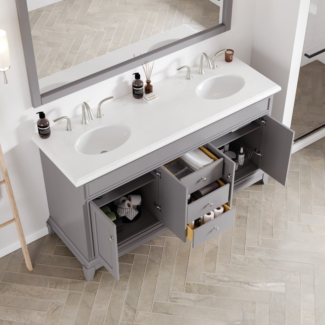 Elite Stamford 60 in. Gray Double Sink Bath Vanity with Carrara Quartz Top and Undermount Porcelain Sinks - Bathroom Vanity by Eviva