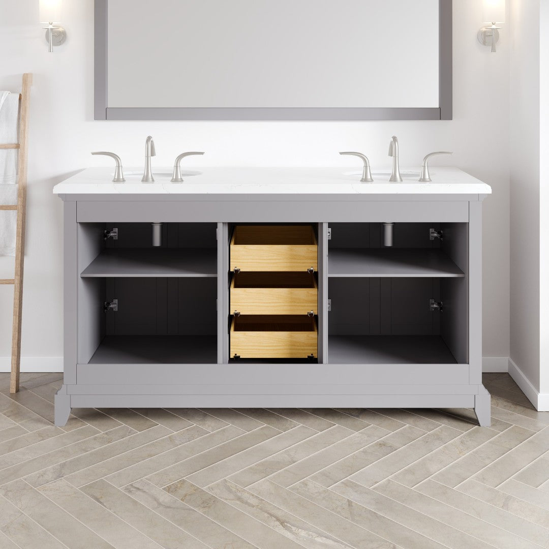 Elite Stamford 60 in. Gray Double Sink Bath Vanity with Carrara Quartz Top and Undermount Porcelain Sinks