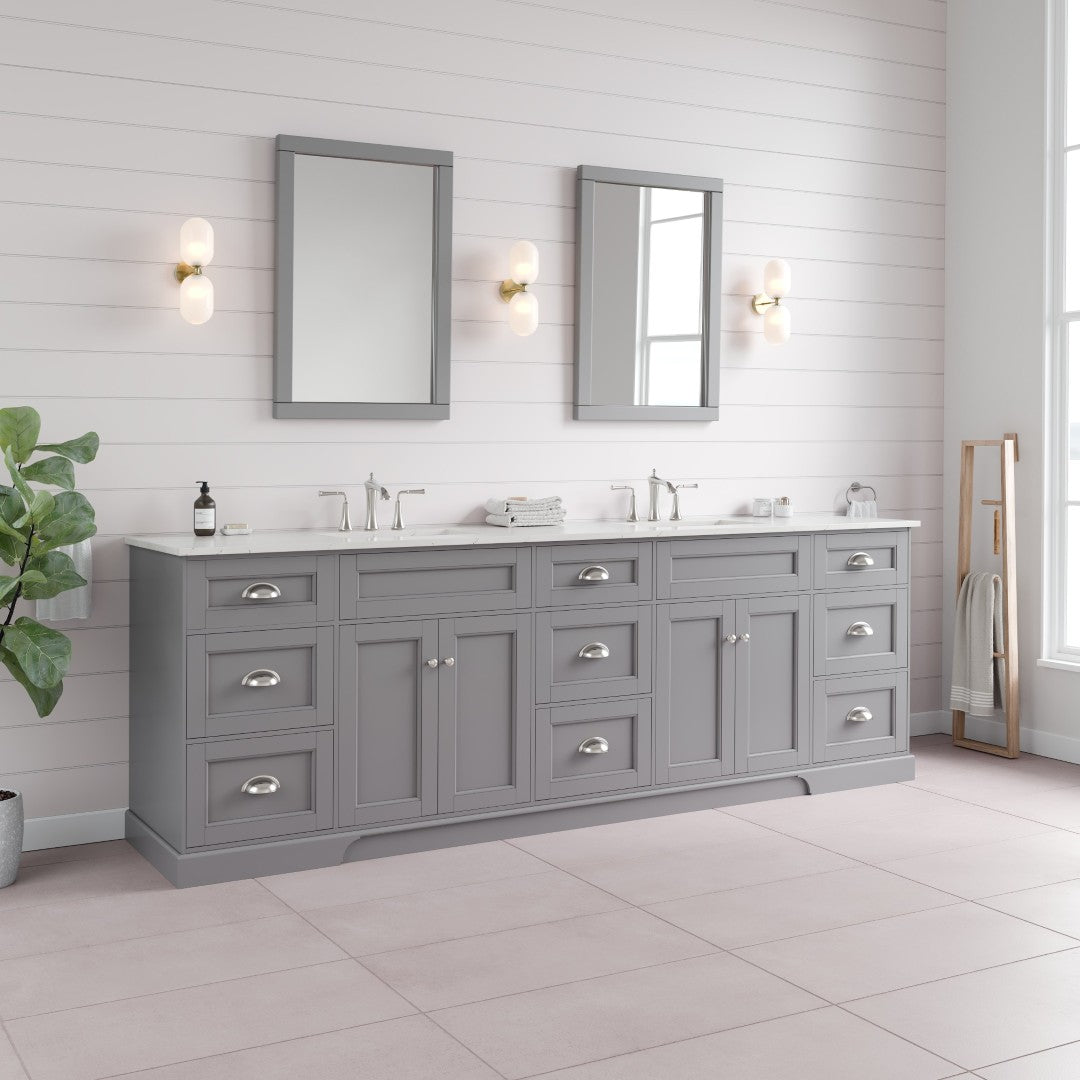 Epic 96 in. Gray Double Sink Bath Vanity with Carrara Quartz Top and Undermount Porcelain Sinks