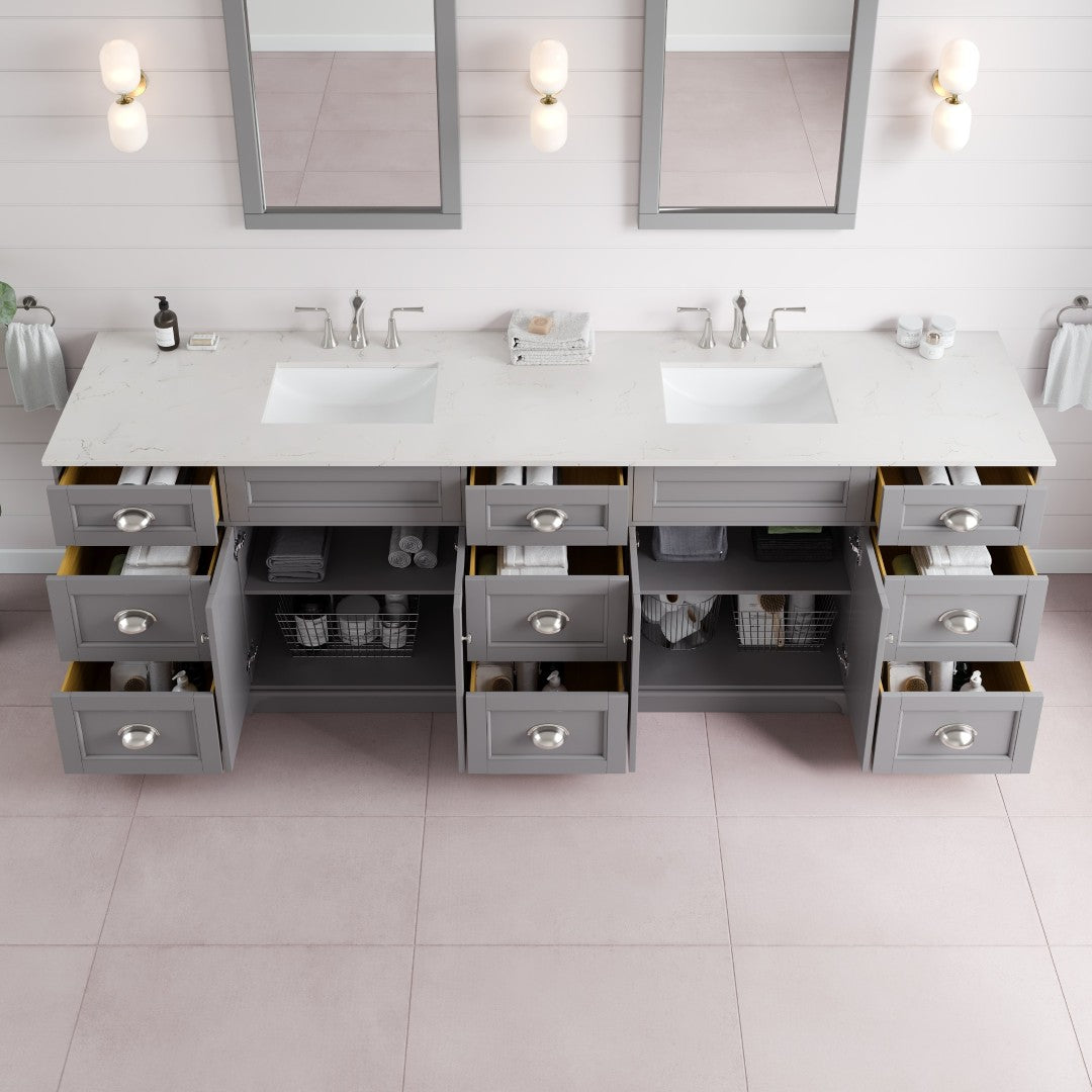Epic 96 in. Gray Double Sink Bath Vanity with Carrara Quartz Top and Undermount Porcelain Sinks