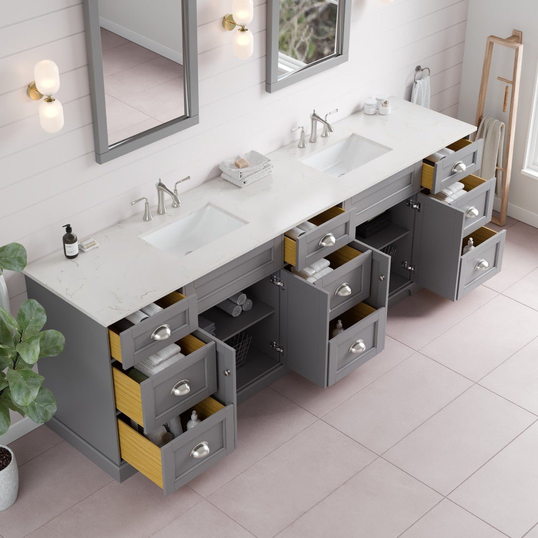 Epic 96 in. Gray Double Sink Bath Vanity with Carrara Quartz Top and Undermount Porcelain Sinks - Bathroom Vanity by Eviva