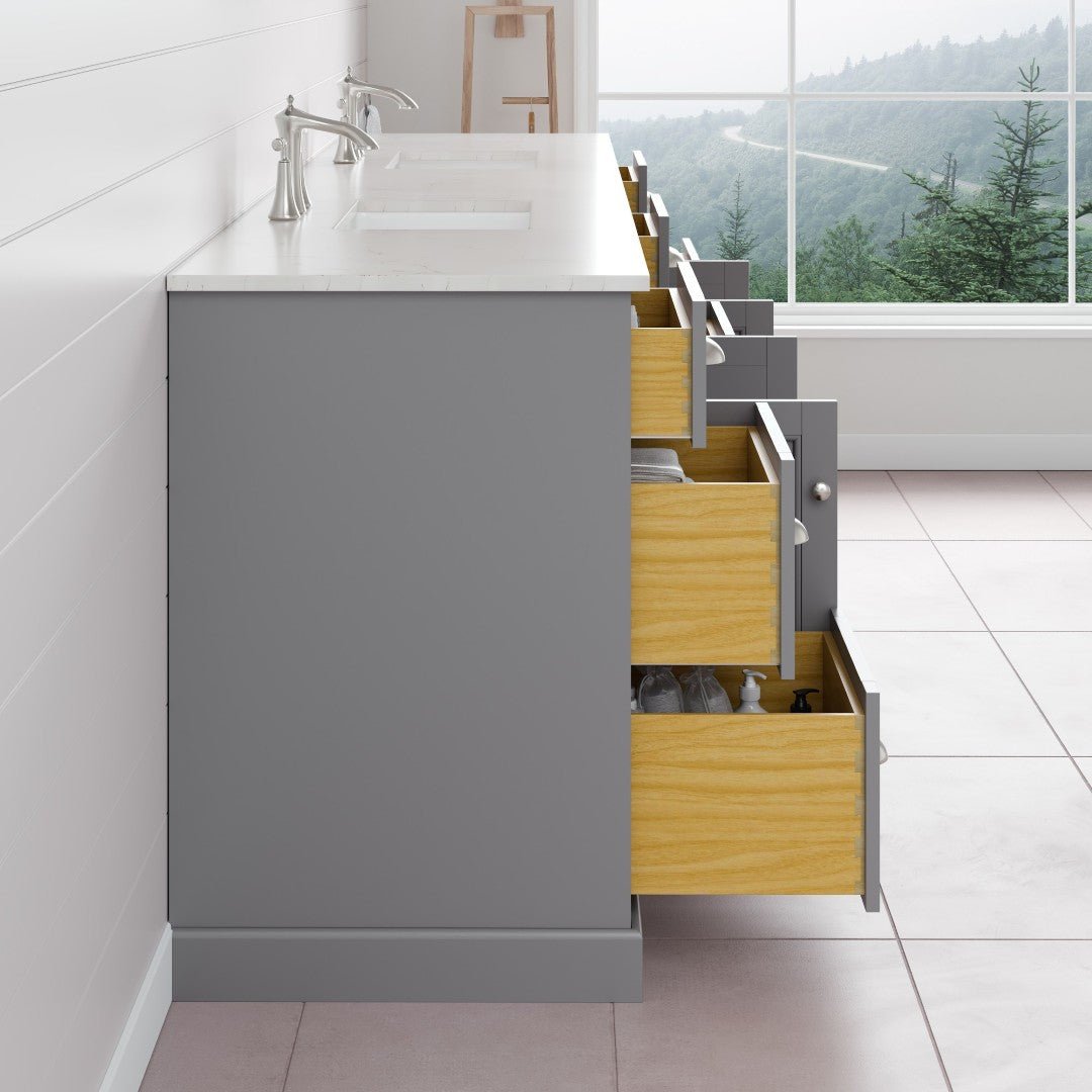 Epic 96 in. Gray Double Sink Bath Vanity with Carrara Quartz Top and Undermount Porcelain Sinks - Bathroom Vanity by Eviva
