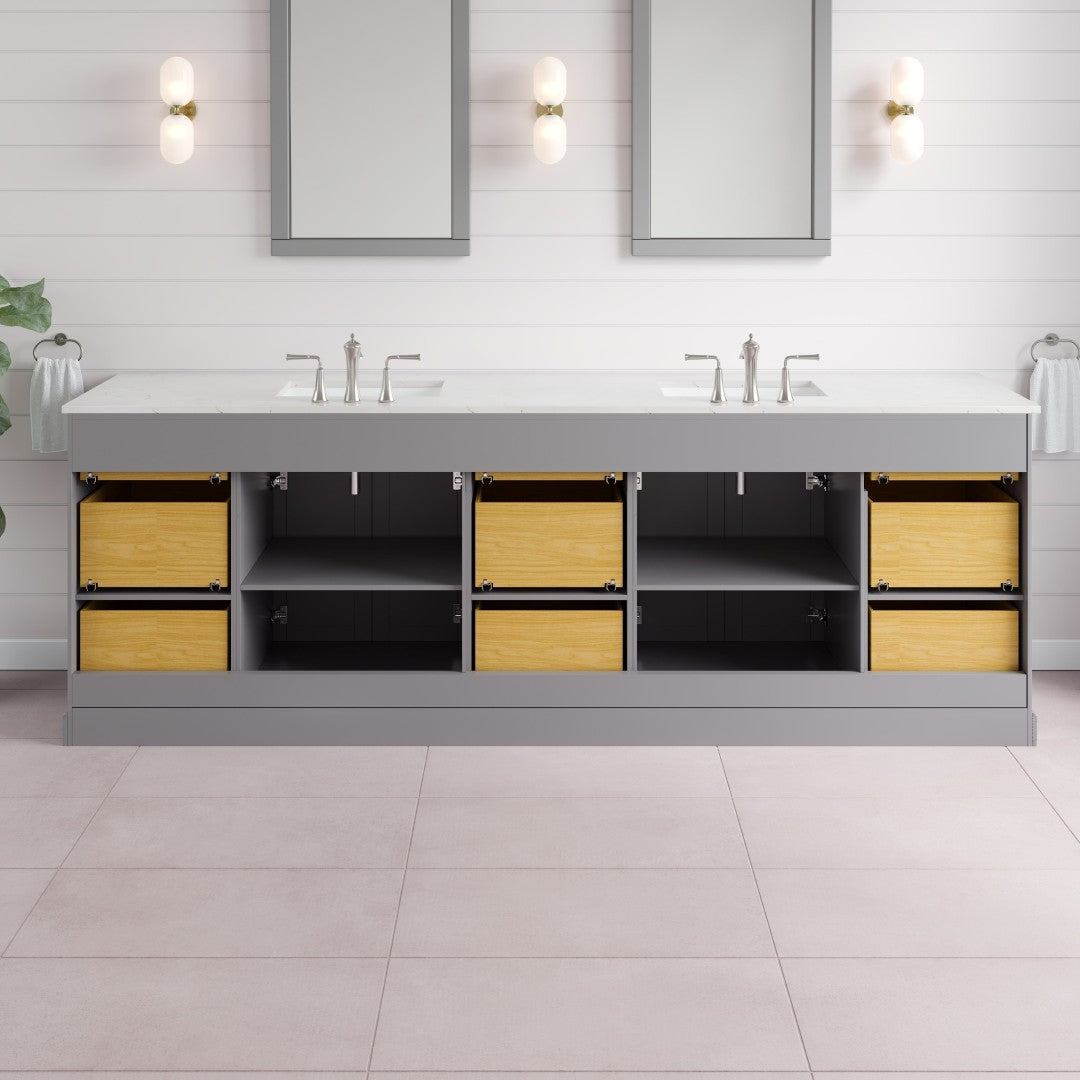 Epic 96 in. Gray Double Sink Bath Vanity with Carrara Quartz Top and Undermount Porcelain Sinks