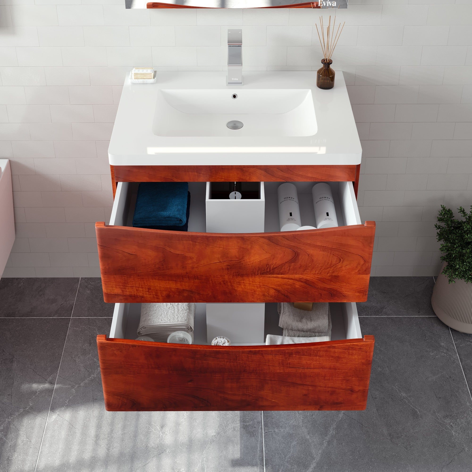 Smile 30 in. Walnut Wall Mount Single Sink Bath Vanity with Acrylic Top and Integrated Sink