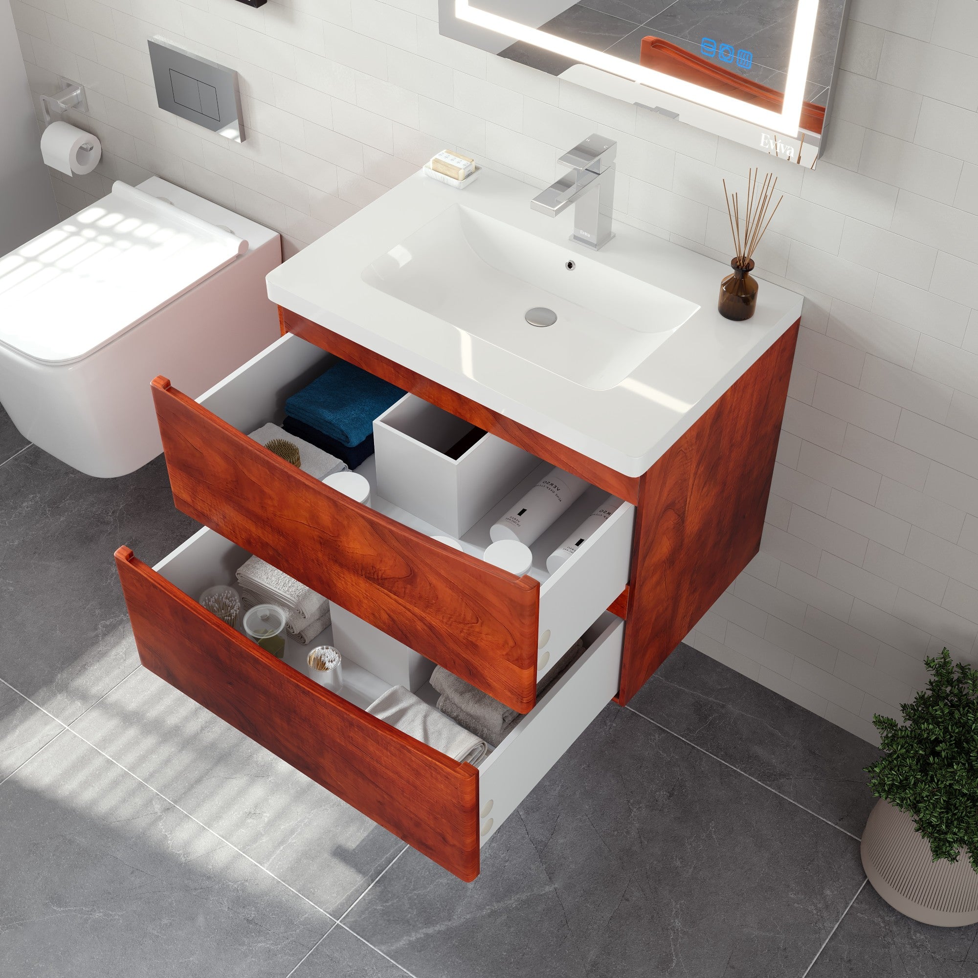 Smile 30 in. Walnut Wall Mount Single Sink Bath Vanity with Acrylic Top and Integrated Sink