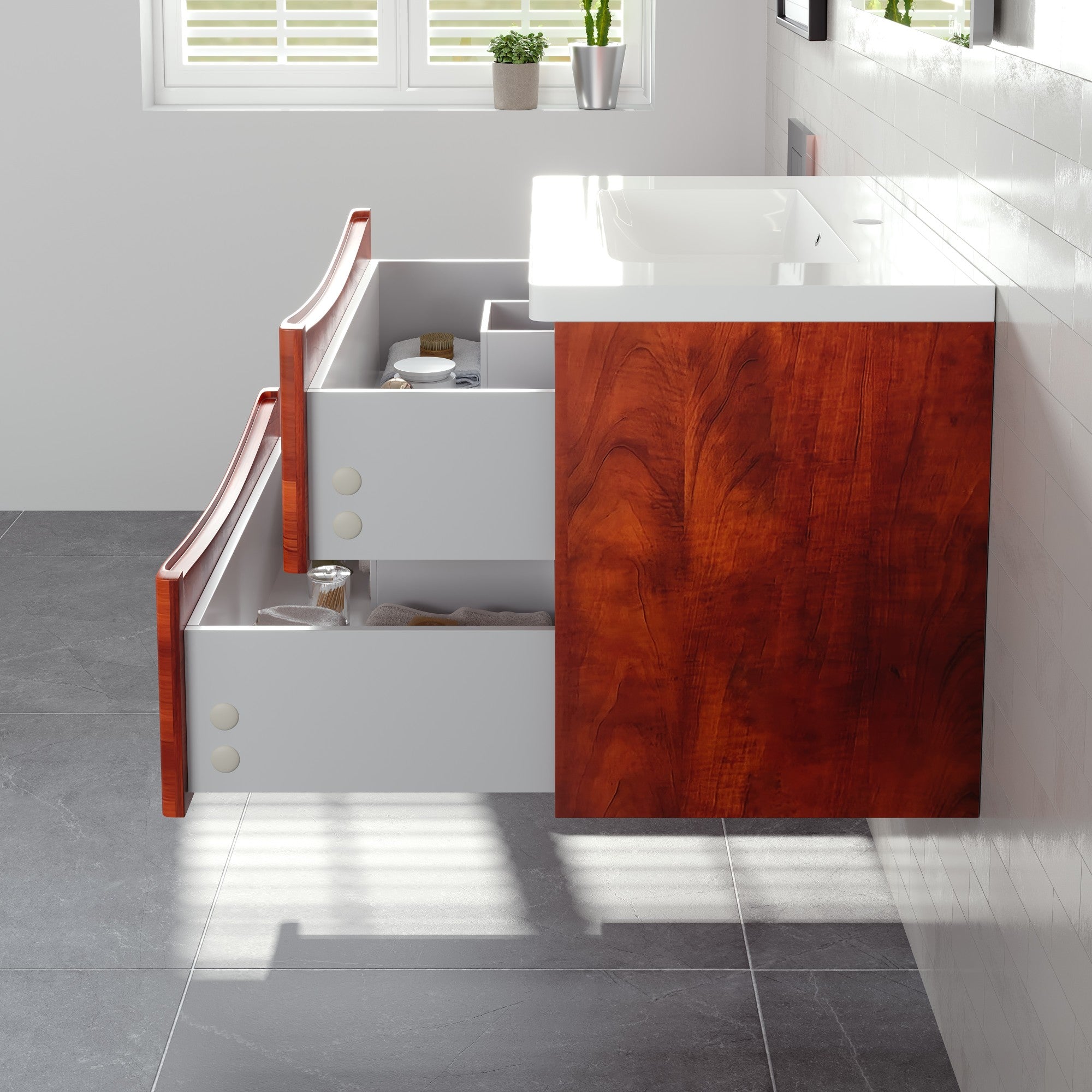 Smile 30 in. Walnut Wall Mount Single Sink Bath Vanity with Acrylic Top and Integrated Sink