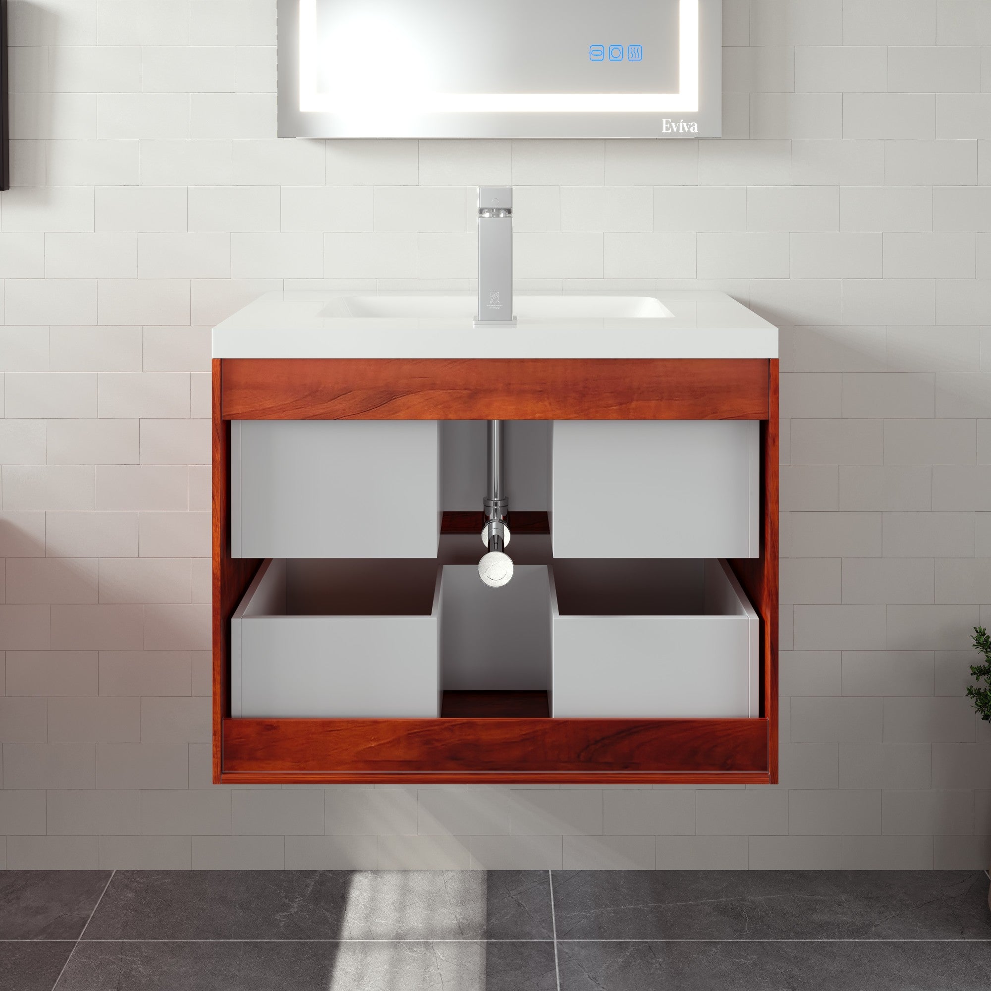 Smile 30 in. Walnut Wall Mount Single Sink Bath Vanity with Acrylic Top and Integrated Sink