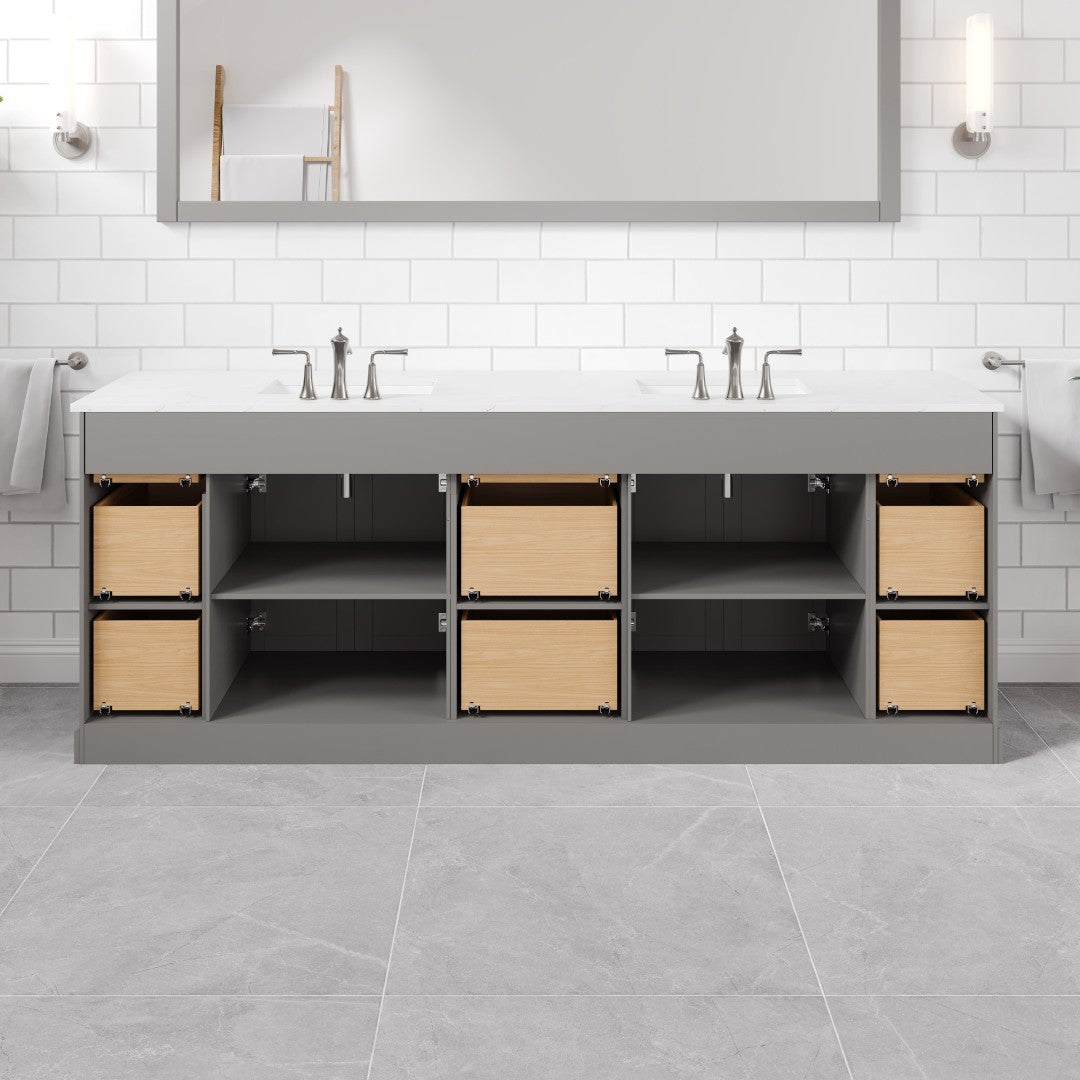 Epic 84 in. Gray Double Sink Bath Vanity with Carrara Quartz Top and Undermount Porcelain Sinks