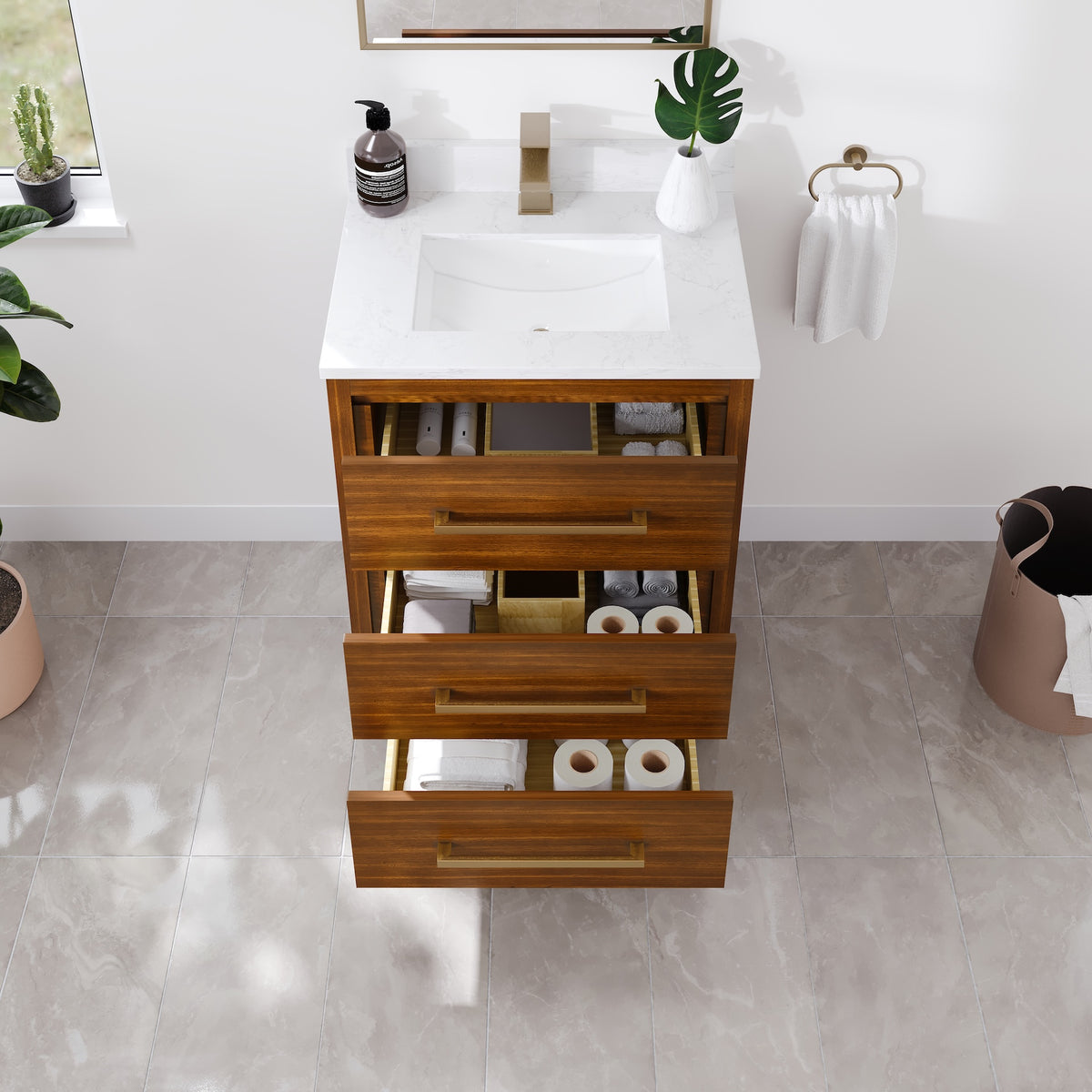 Curio 26 in. Walnut Single Sink Bath Vanity with Arabescato Engineered Stone Top and Undermount Porcelain Sink - Bathroom Vanity by Eviva