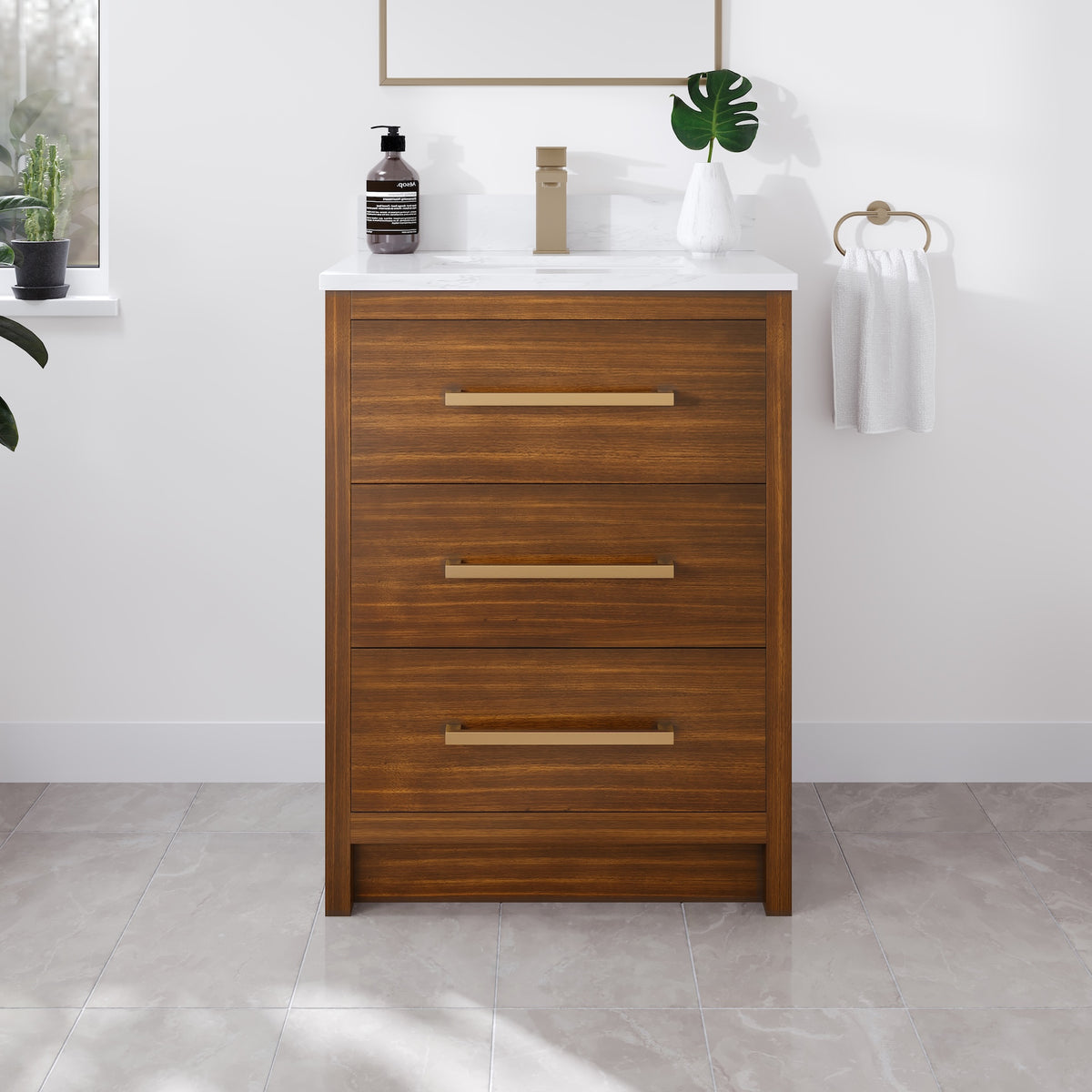 Curio 26 in. Walnut Single Sink Bath Vanity with Arabescato Engineered Stone Top and Undermount Porcelain Sink - Bathroom Vanity by Eviva