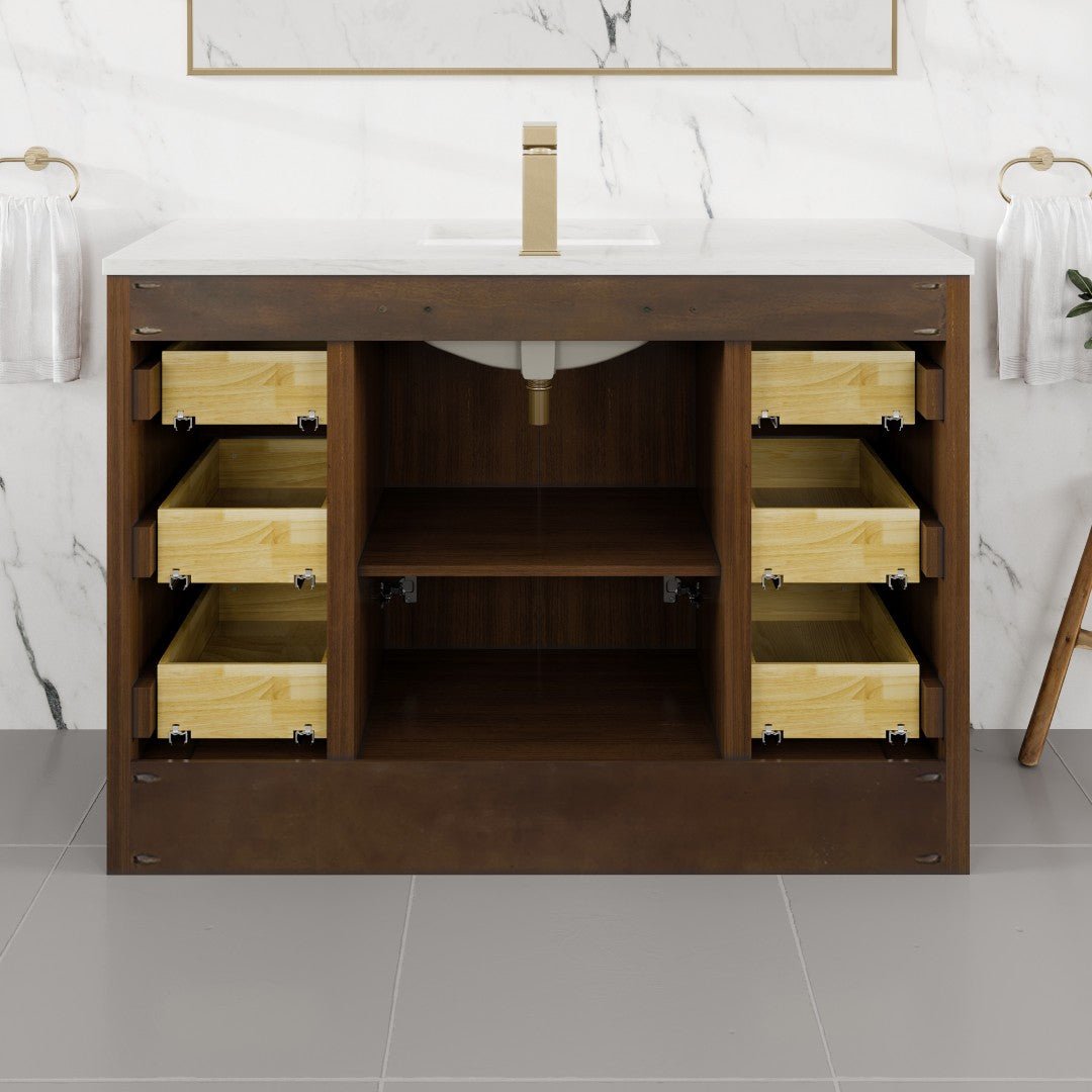 Curio 48 in. Walnut Single Sink Bath Vanity with Carrara Quartz Top and Undermount Porcelain Sink - Bathroom Vanity by Eviva