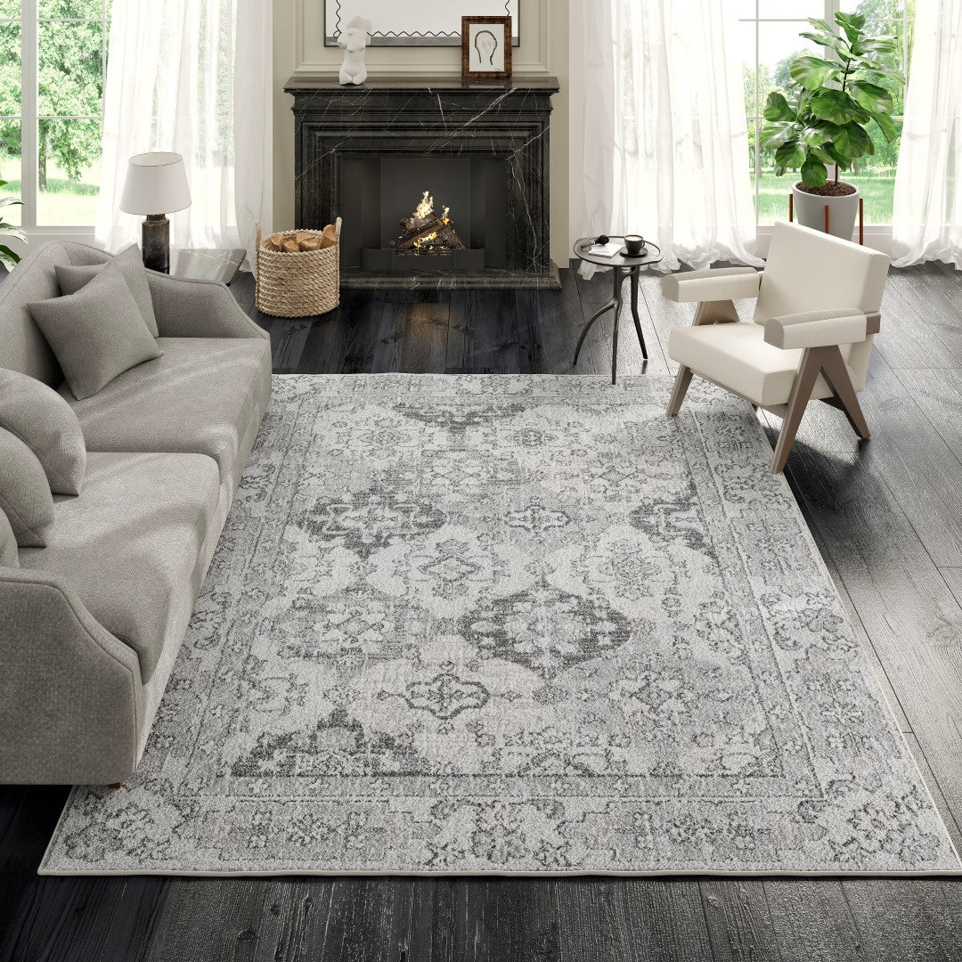 Eviva Mosaic 5' x 7' Damask Gray Rug