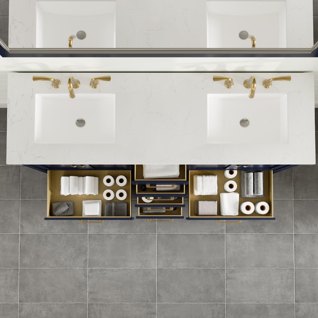 Aberdeen 78 in. Blue Double Sink Bath Vanity with Carrara Quartz Top and Undermount Porcelain Sinks