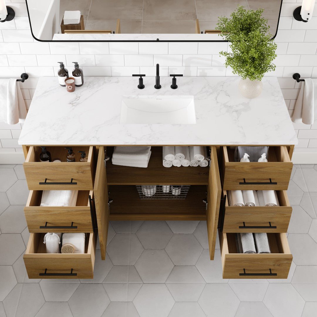 Graham 60 in. Oak Single Sink Bath Vanity with Arabescato Engineered Stone Top and Undermount Porcelain Sink - Bathroom Vanity by Eviva