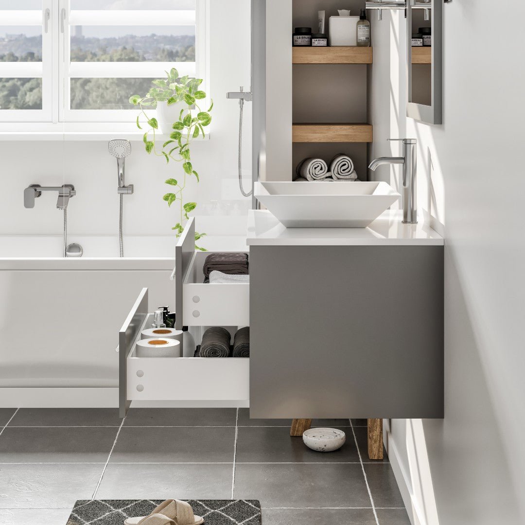 Wave 24 in. Gray Wall Mount Single Sink Bath Vanity with White Quartz Top and Vessel Porcelain Sink - Bathroom Vanity by Eviva