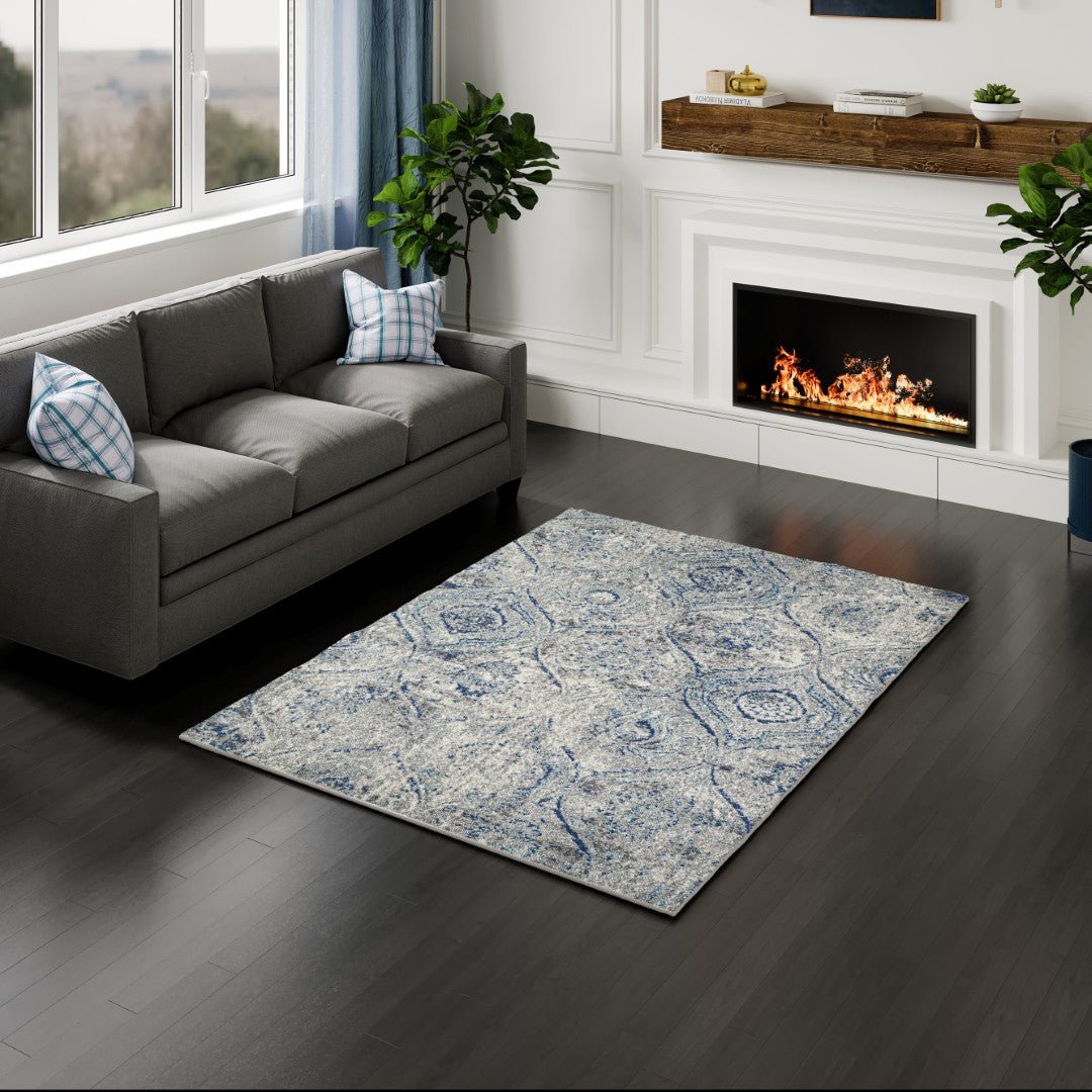 Eviva Loops 3' x 5' Damask Blue/Cream Rug - Rug by Eviva
