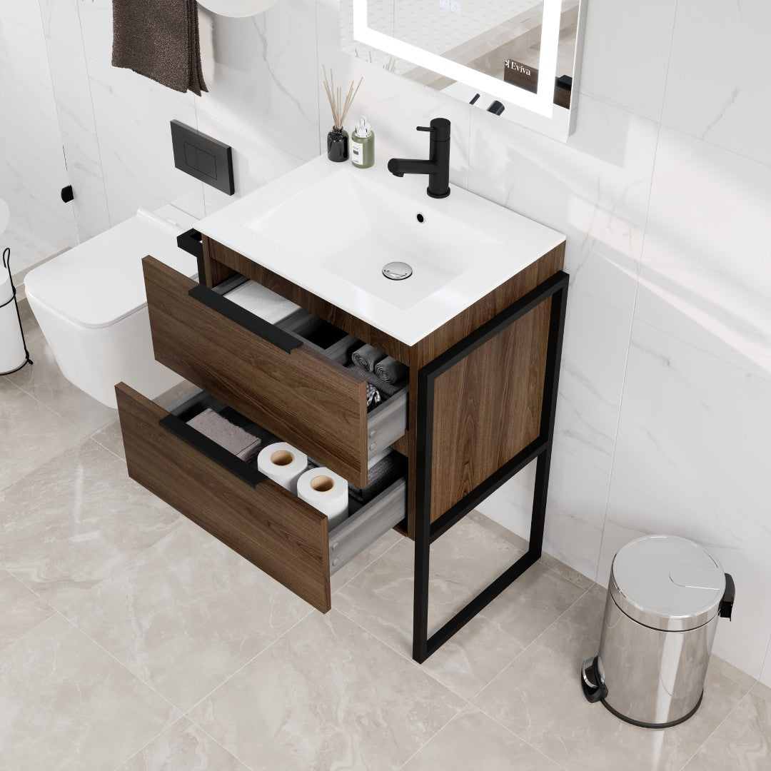 Marina 27 in. Dark Walnut Single Sink Bath Vanity with Porcelain Top and Integrated Sink