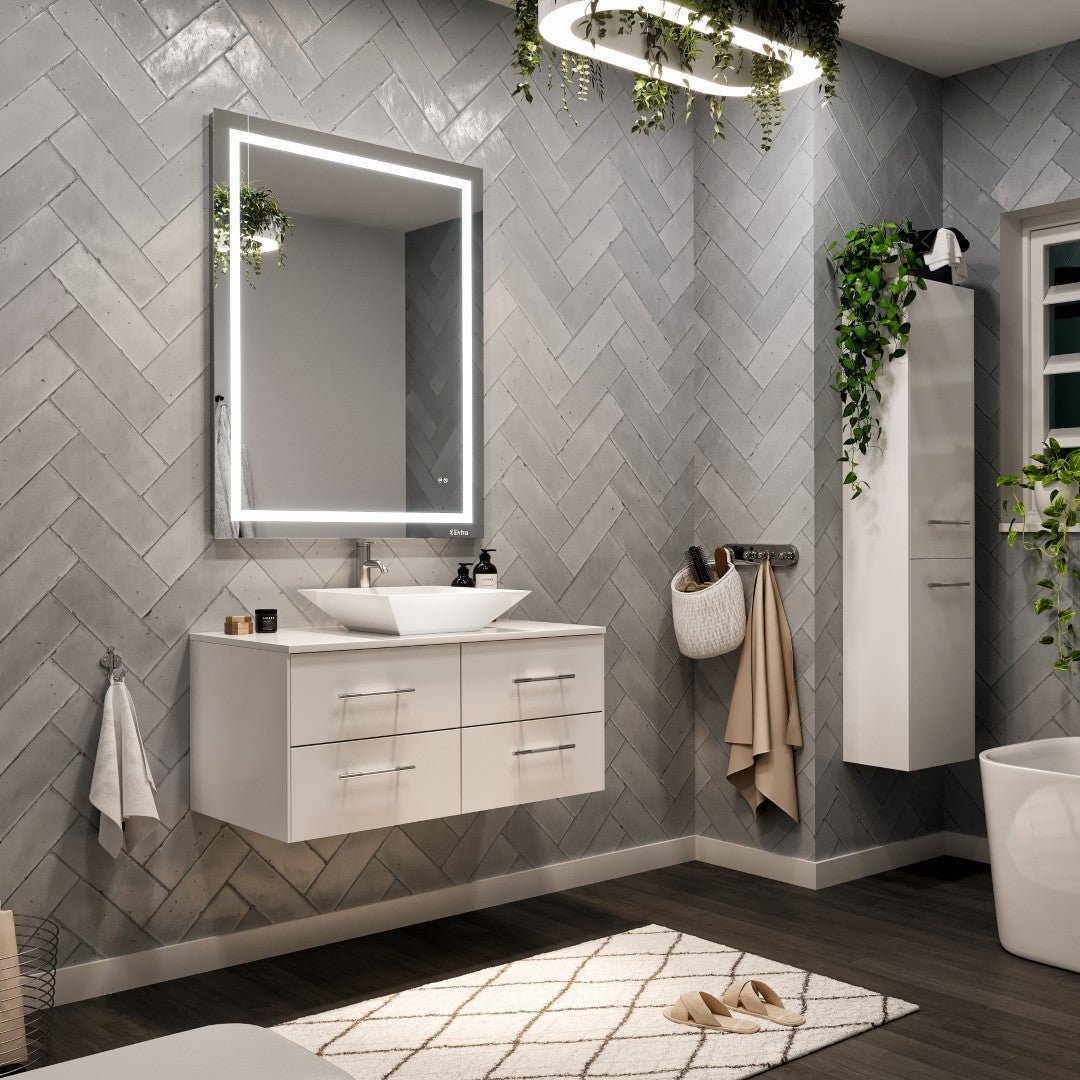 Wave 36 in. White Wall Mount Single Sink Bath Vanity with White Quartz Top and Vessel Porcelain Sink - Bathroom Vanity by Eviva