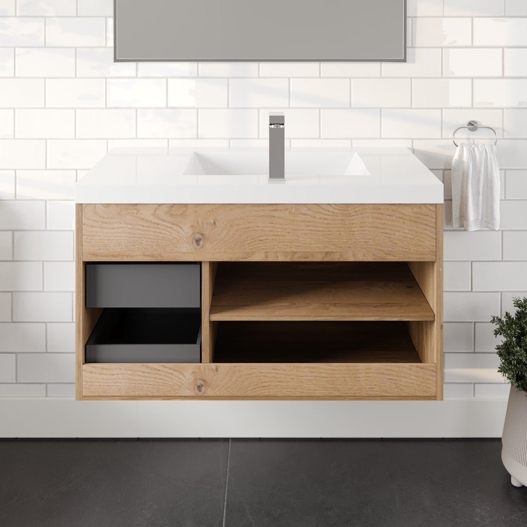 Lugano 36 in. Natural Oak Wall Mount Single Sink Bath Vanity with Acrylic Top and Integrated Sink - Bathroom Vanity by Eviva