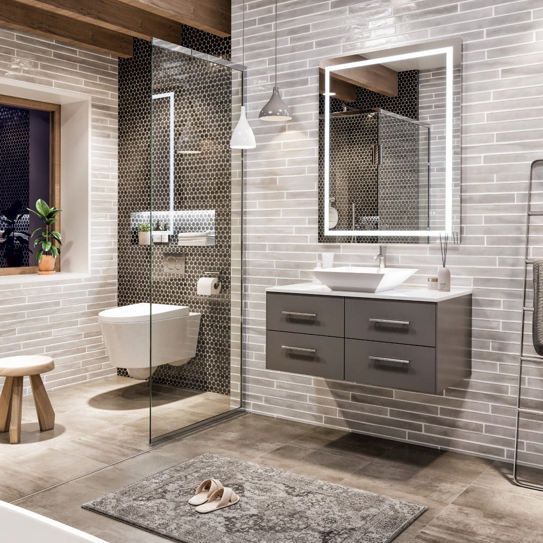 Wave 36 in. Gray Wall Mount Single Sink Bath Vanity with White Quartz Top and Vessel Porcelain Sink - Bathroom Vanity by Eviva