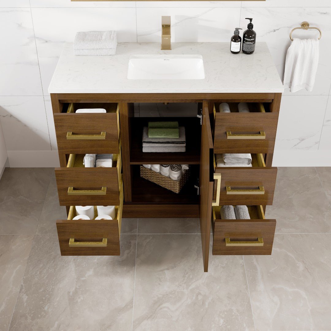 Curio 42 in. Walnut Single Sink Bath Vanity with Carrara Quartz Top and Undermount Porcelain Sink - Bathroom Vanity by Eviva