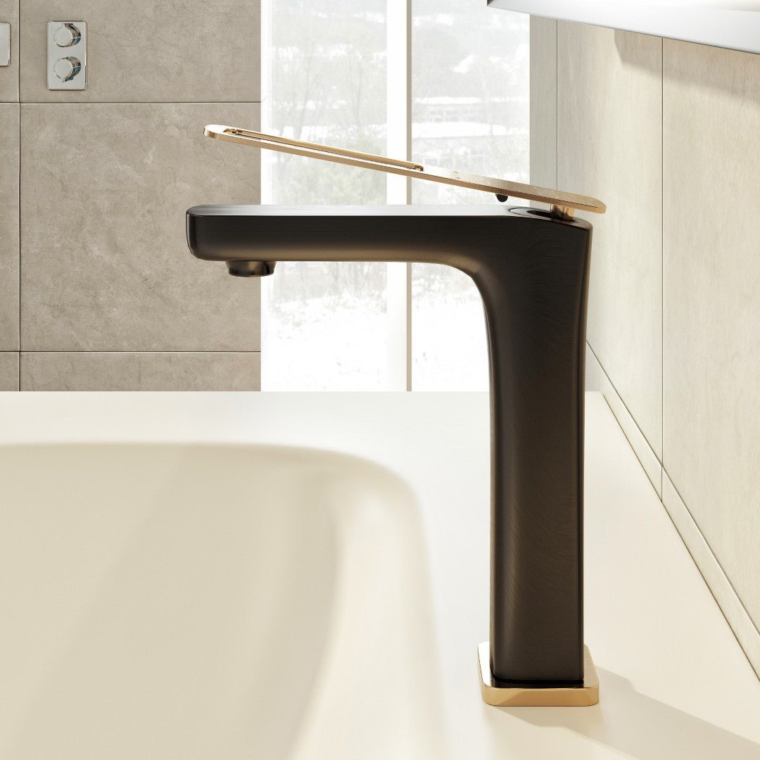Eviva Rose Single - Handle Waterfall Single - Hole Bathroom Faucet with Gold Handle and Deckplate Included in Matte Black - Bathroom Faucet by Eviva