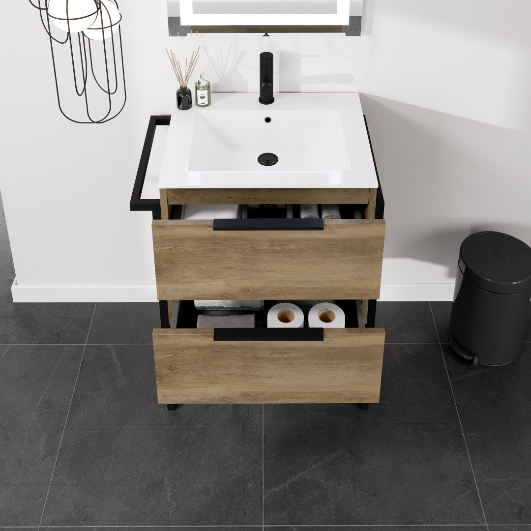 Marina 27 in. Natural Oak Single Sink Bath Vanity with Porcelain Top and Integrated Sink