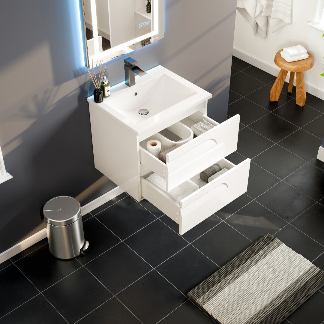 Joy 24 in. White Wall Mount Single Sink Bath Vanity with Porcelain Top and Integrated Sink - Bathroom Vanity by Eviva