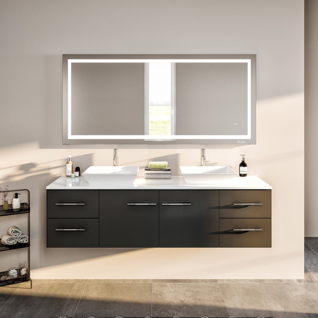 Wave 60 in. Espresso Wall Mount Double Sink Bath Vanity with White Quartz Top and Vessel Porcelain Sinks - Bathroom Vanity by Eviva