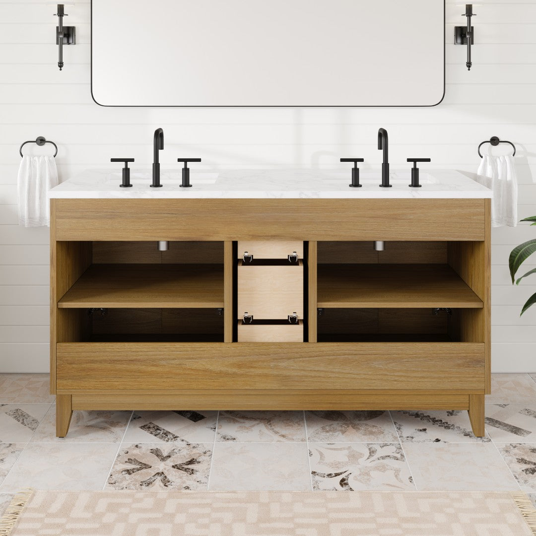Graham 60 in. Oak Double Sink Bath Vanity with Arabescato Engineered Stone Top and Undermount Porcelain Sinks