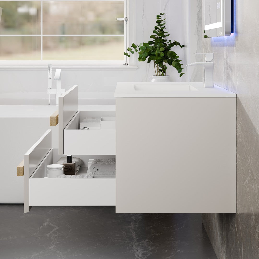 Element 32 in. White Wall Mount Single Sink Bath Vanity with Solid Surface Top and Integrated Sink