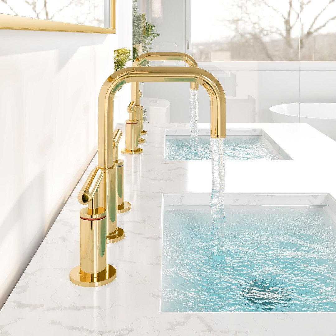 Eviva Purist 2 - Handle Gooseneck Widespread Bathroom Faucet with Deckplate Included in Gold - Bathroom Faucet by Eviva