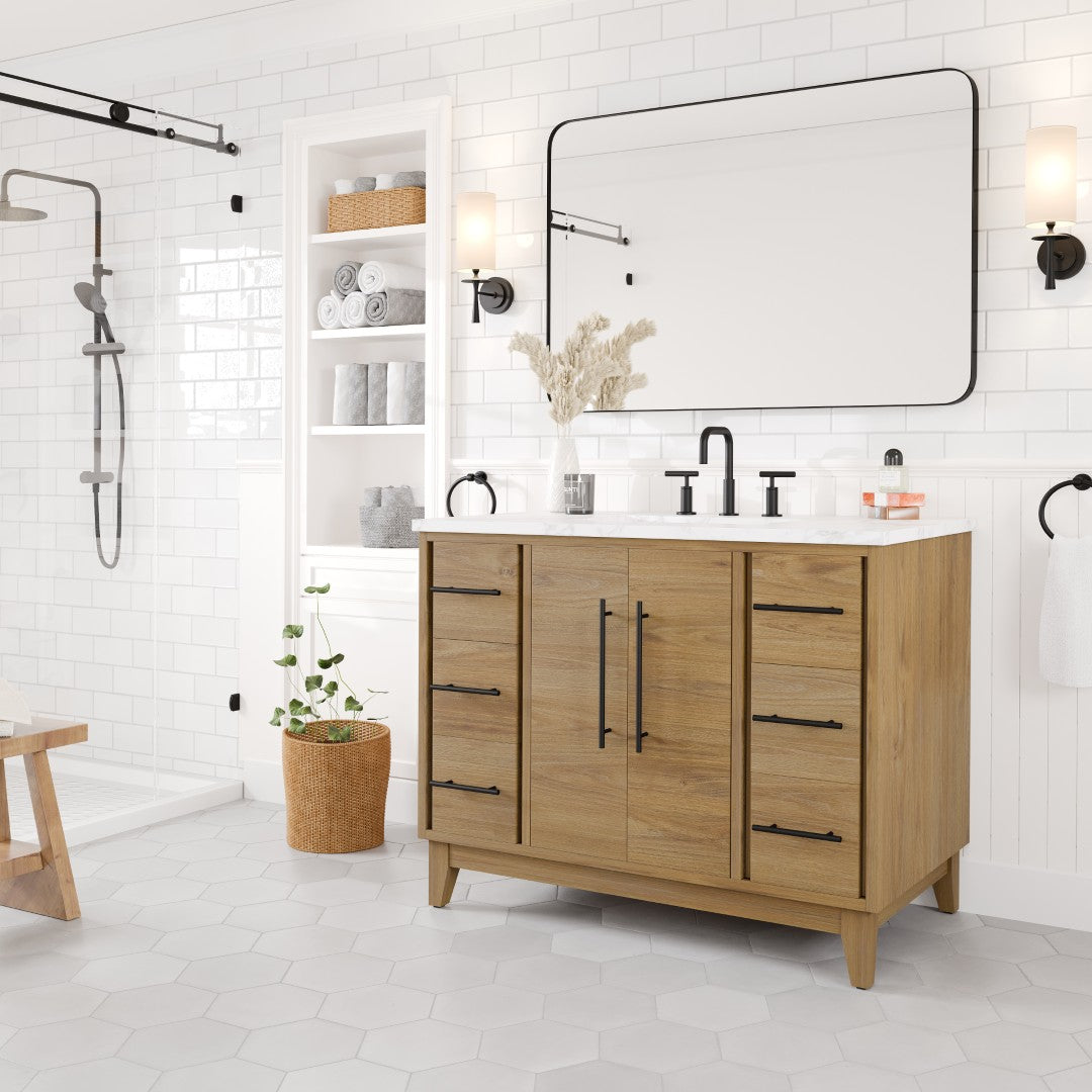Graham 42 in. Oak Single Sink Bath Vanity with Arabescato Engineered Stone Top and Undermount Porcelain Sink