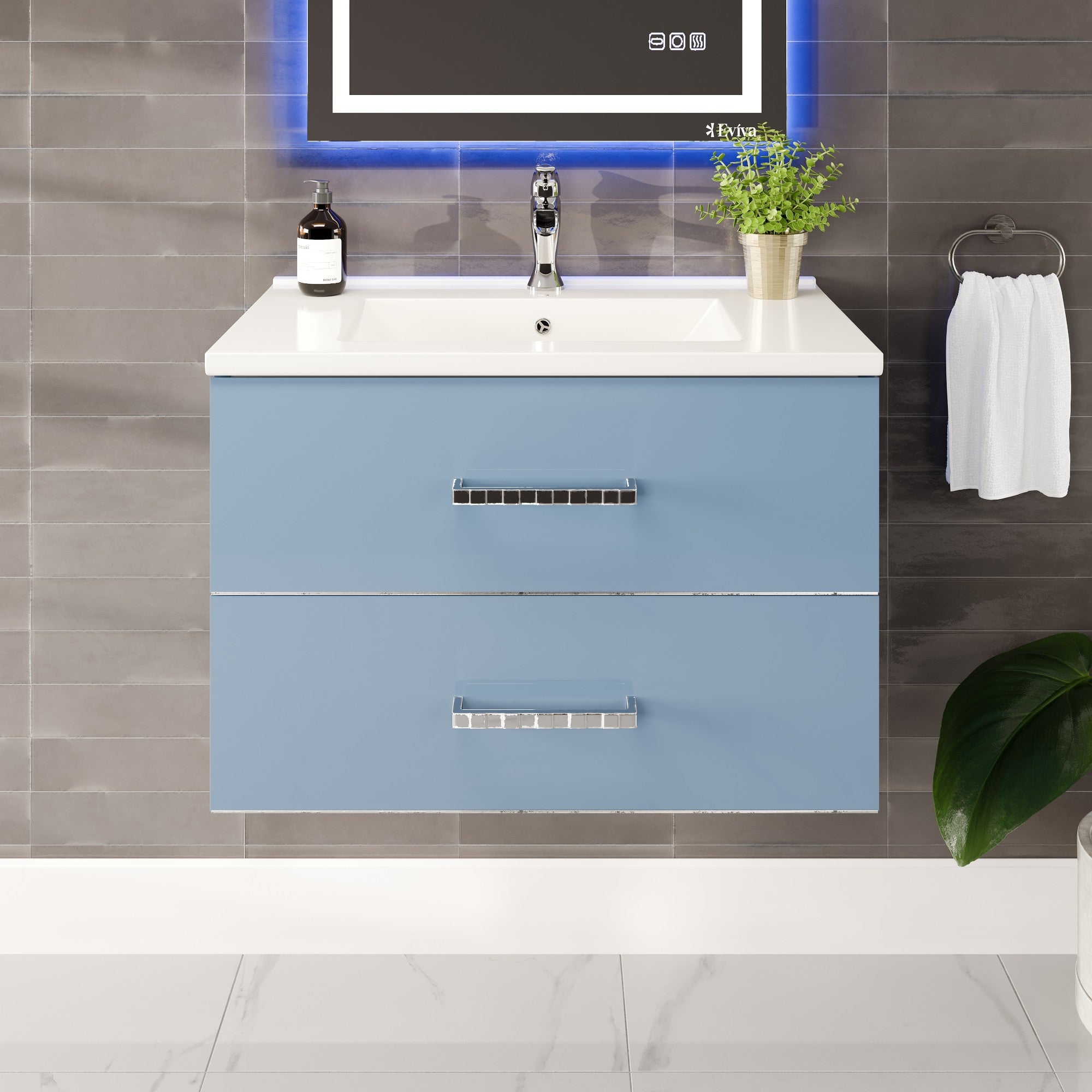 Daytona 32 in. Blue Wall Mount Single Sink Bath Vanity with Porcelain Top and Integrated Sink