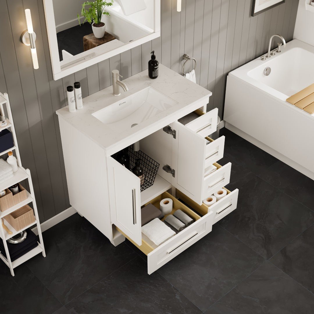 Loon 30 in. White Single Sink Bath Vanity with Carrara Quartz Top and Undermount Porcelain Sink - Bathroom Vanity by Eviva
