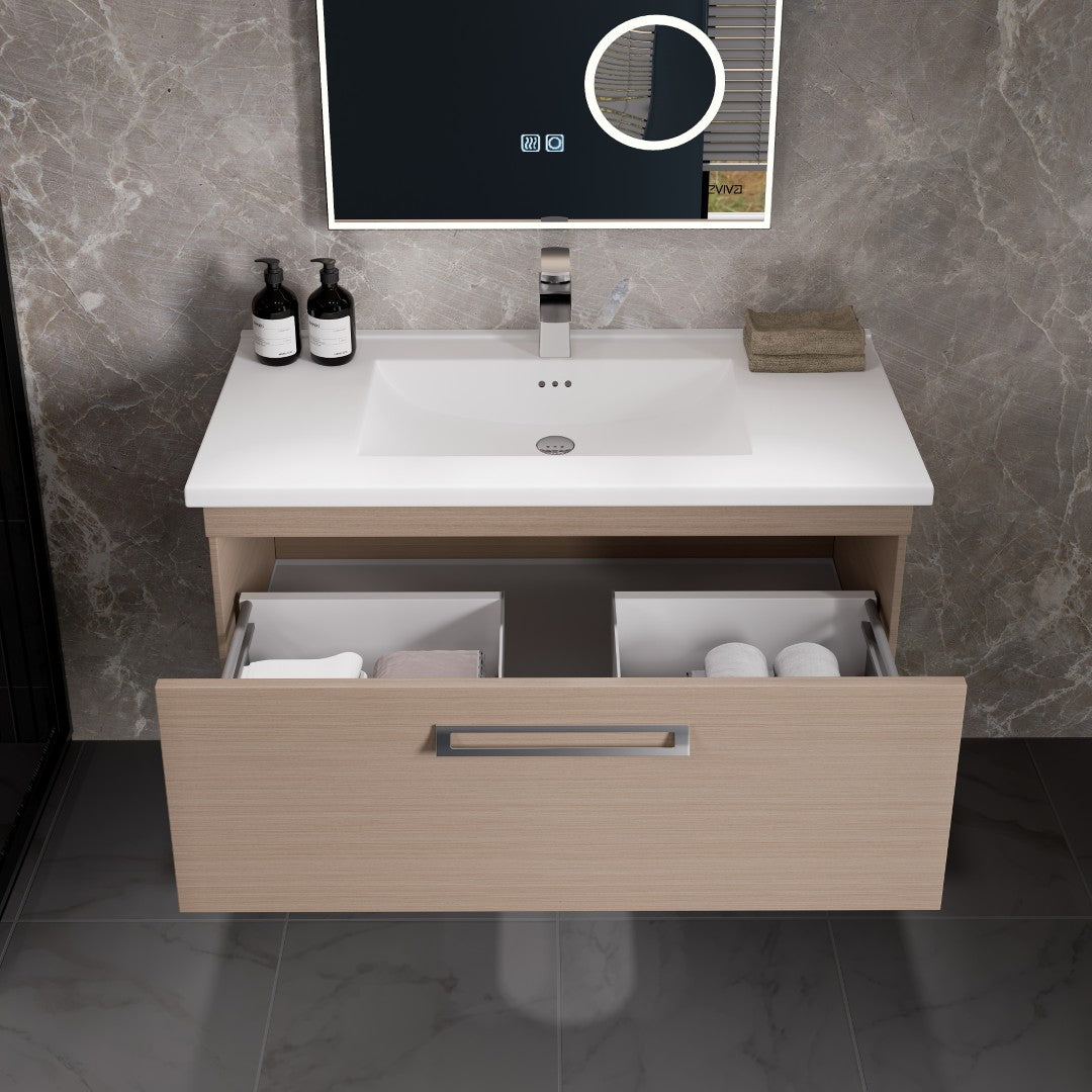 Orleans 38 in. Light Oak Wall Mount Single Sink Bath Vanity with Porcelain Top and Integrated Sink