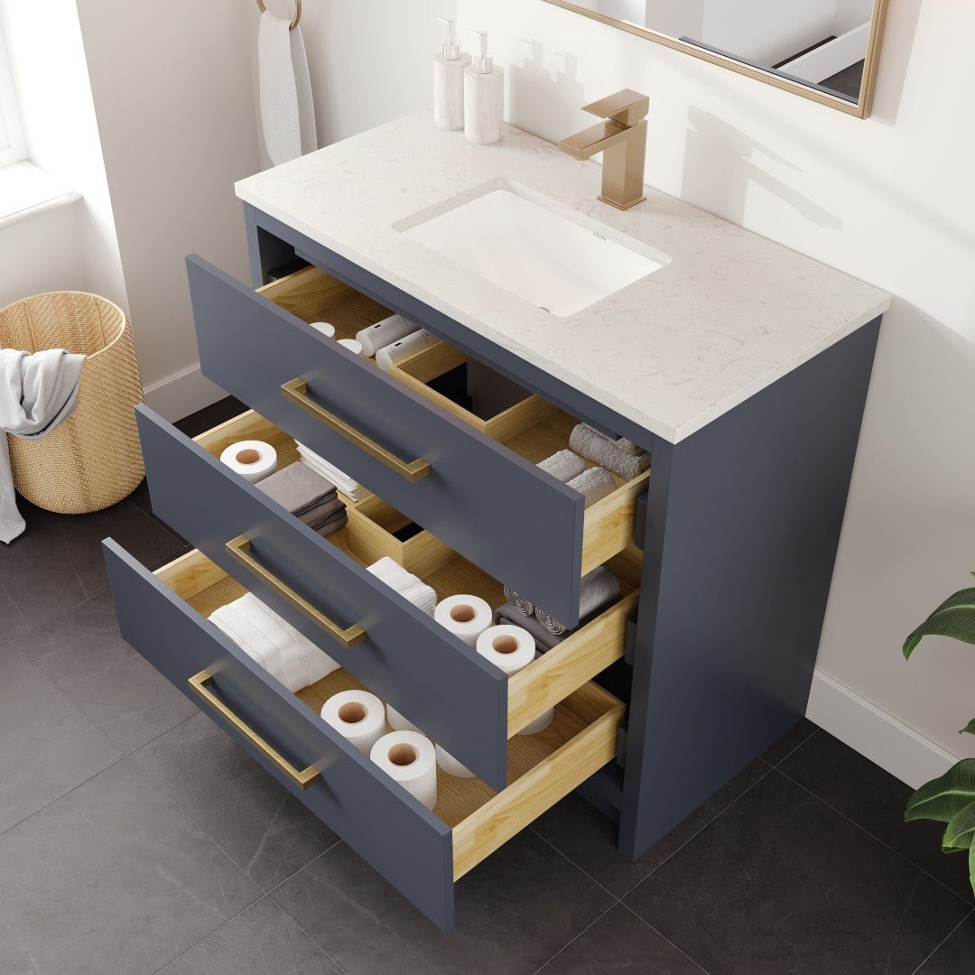 Curio 36 in. Dark Blue Single Sink Bath Vanity with Carrara Quartz Top and Undermount Porcelain Sink - Bathroom Vanity by Eviva