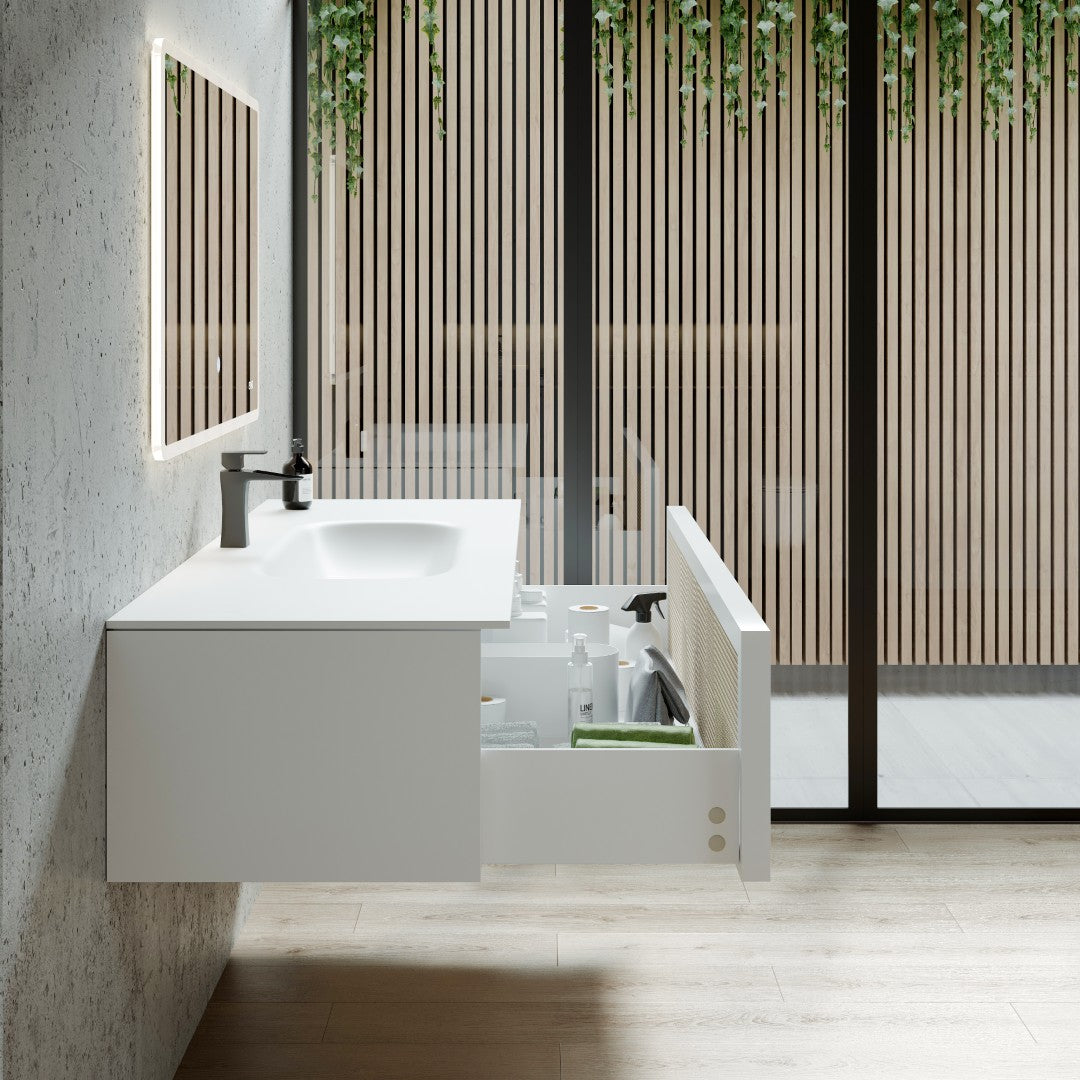 Nets 44 in. Natural Oak/White Wall Mount Single Sink Bath Vanity with Solid Surface Top and Integrated Sink